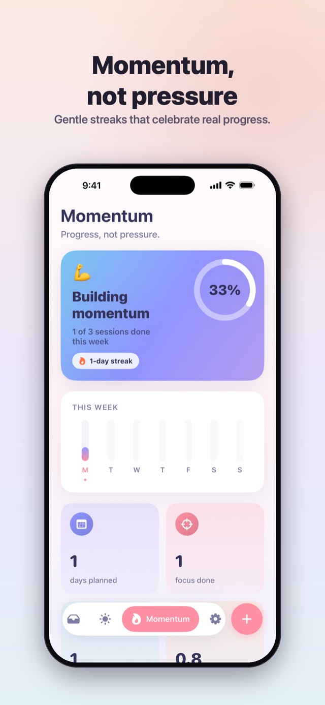 Tickd's Momentum tab showing a gentle streak celebrating consistent progress