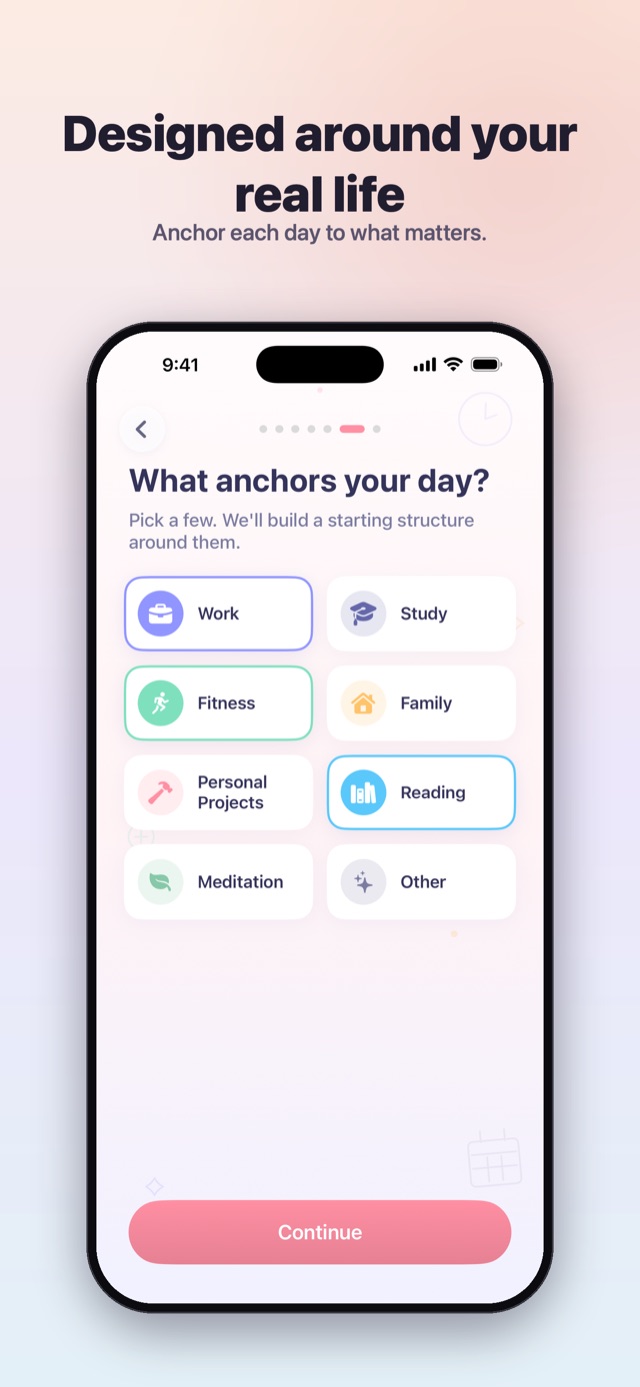 Onboarding screen for choosing life anchors like work, fitness, and reading