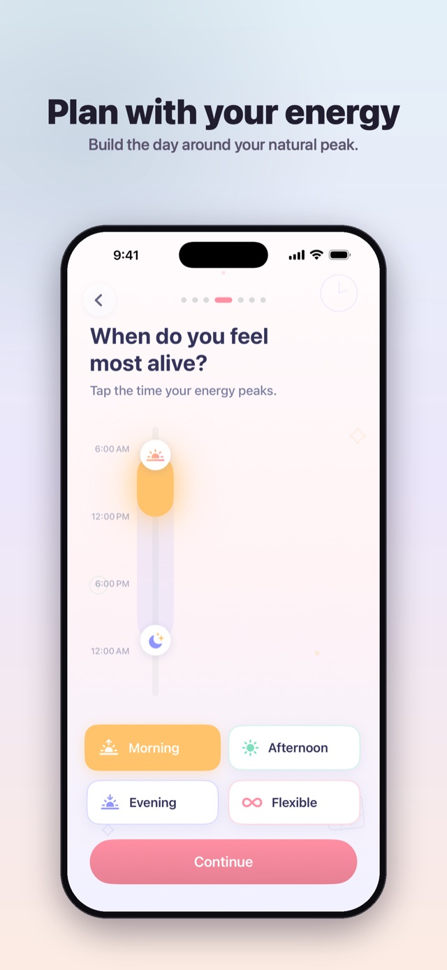 Onboarding screen for choosing your natural energy peak — morning, midday, or evening